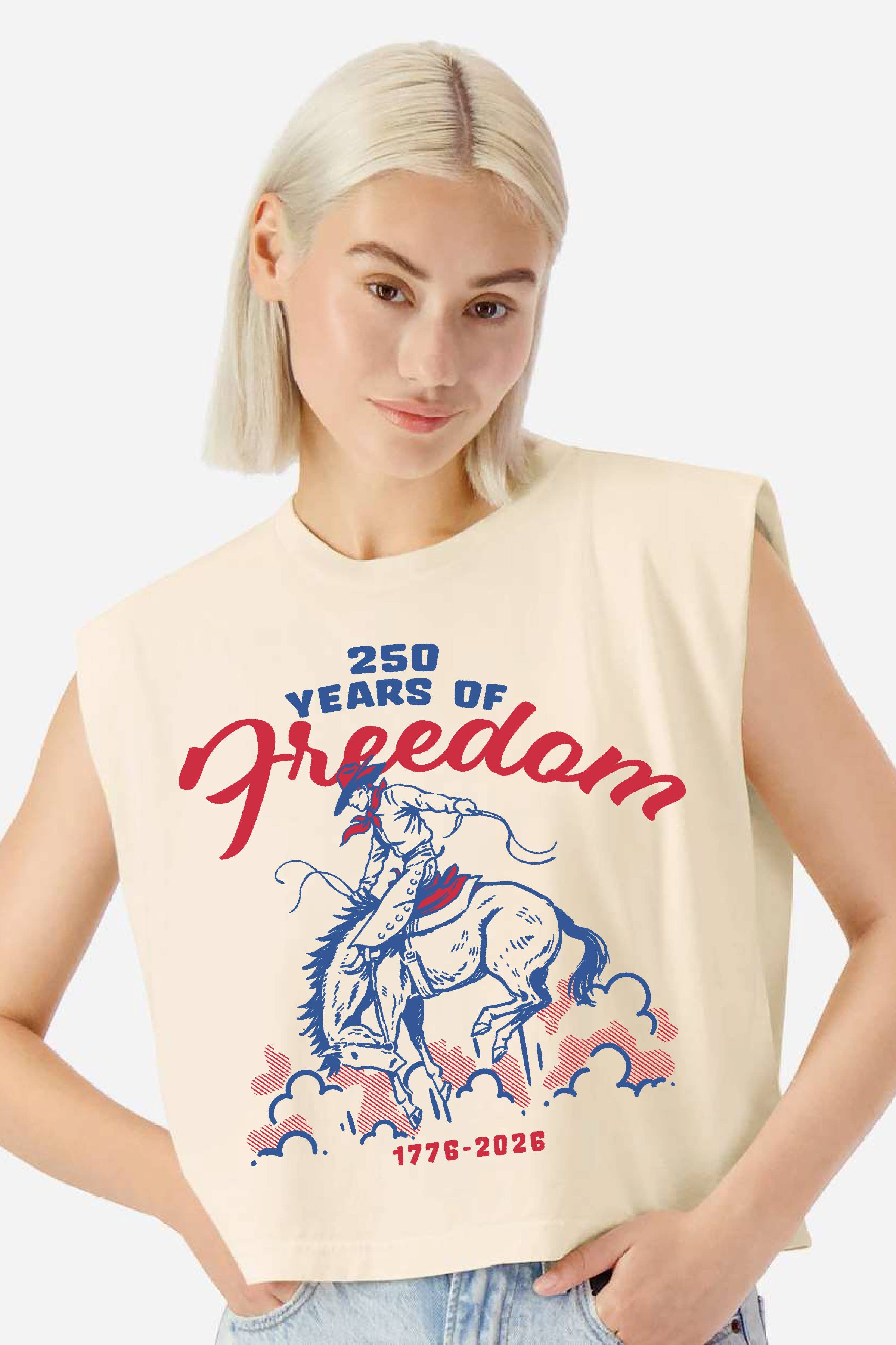 Person wearing a cream sleeveless tee shirt with '250 Years of Freedom' bucking horse design on a white background