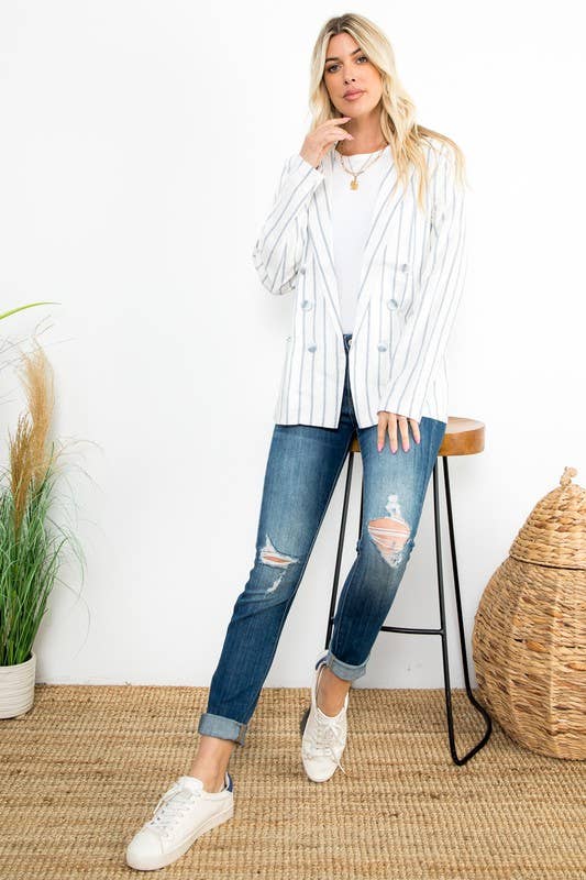 Lightweight striped linen-blend blazer featuring a notched lapel, button-front closure, long sleeves, and welt pockets in a relaxed tailored silhouette.