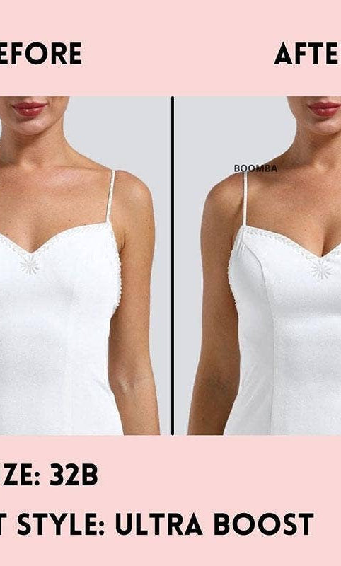 Before and after comparison of a white bra with 'Boomer' labeled on a pink background.