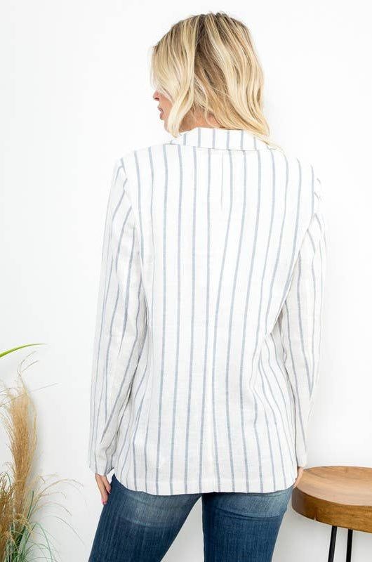 Lightweight striped linen-blend blazer featuring a notched lapel, button-front closure, long sleeves, and welt pockets in a relaxed tailored silhouette.