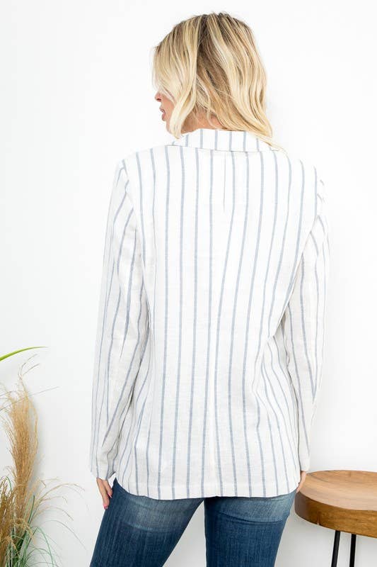 Lightweight striped linen-blend blazer featuring a notched lapel, button-front closure, long sleeves, and welt pockets in a relaxed tailored silhouette.