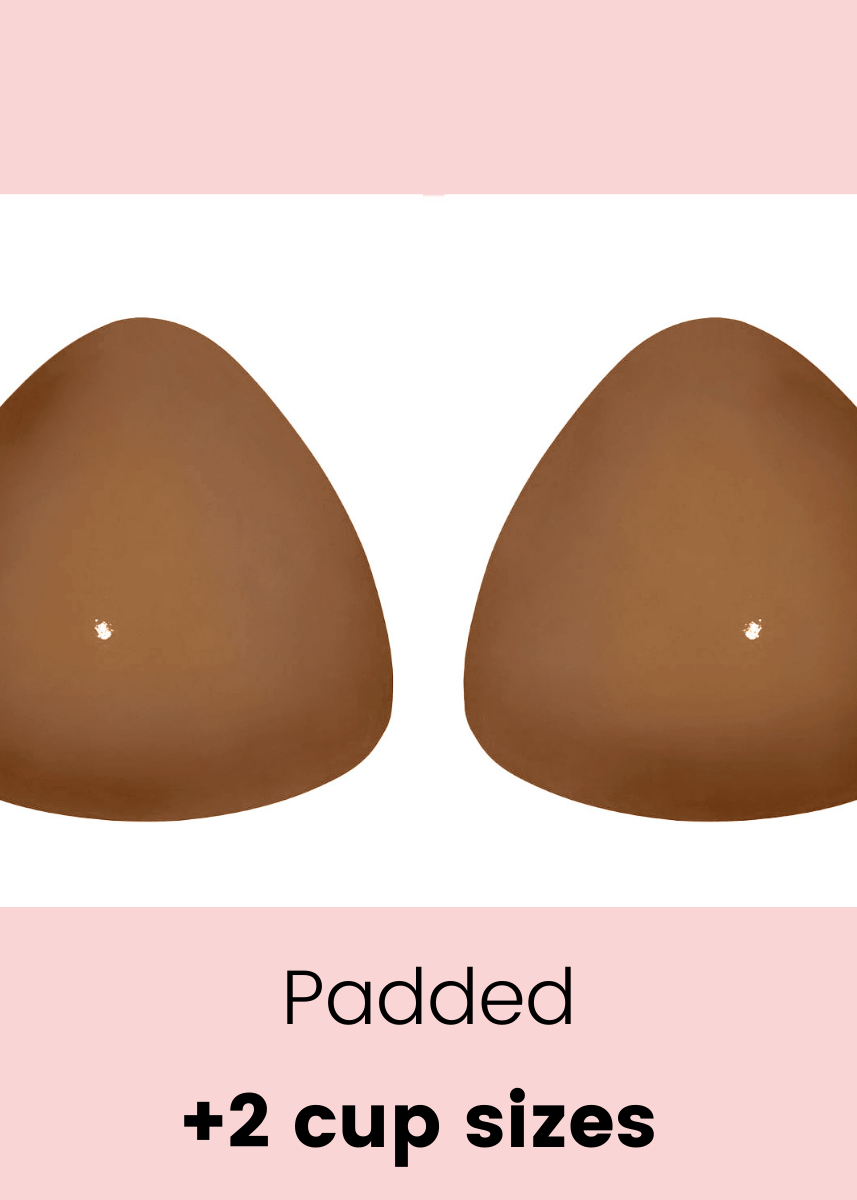 Pair of brown padded bra cups on a white background with pink accents.