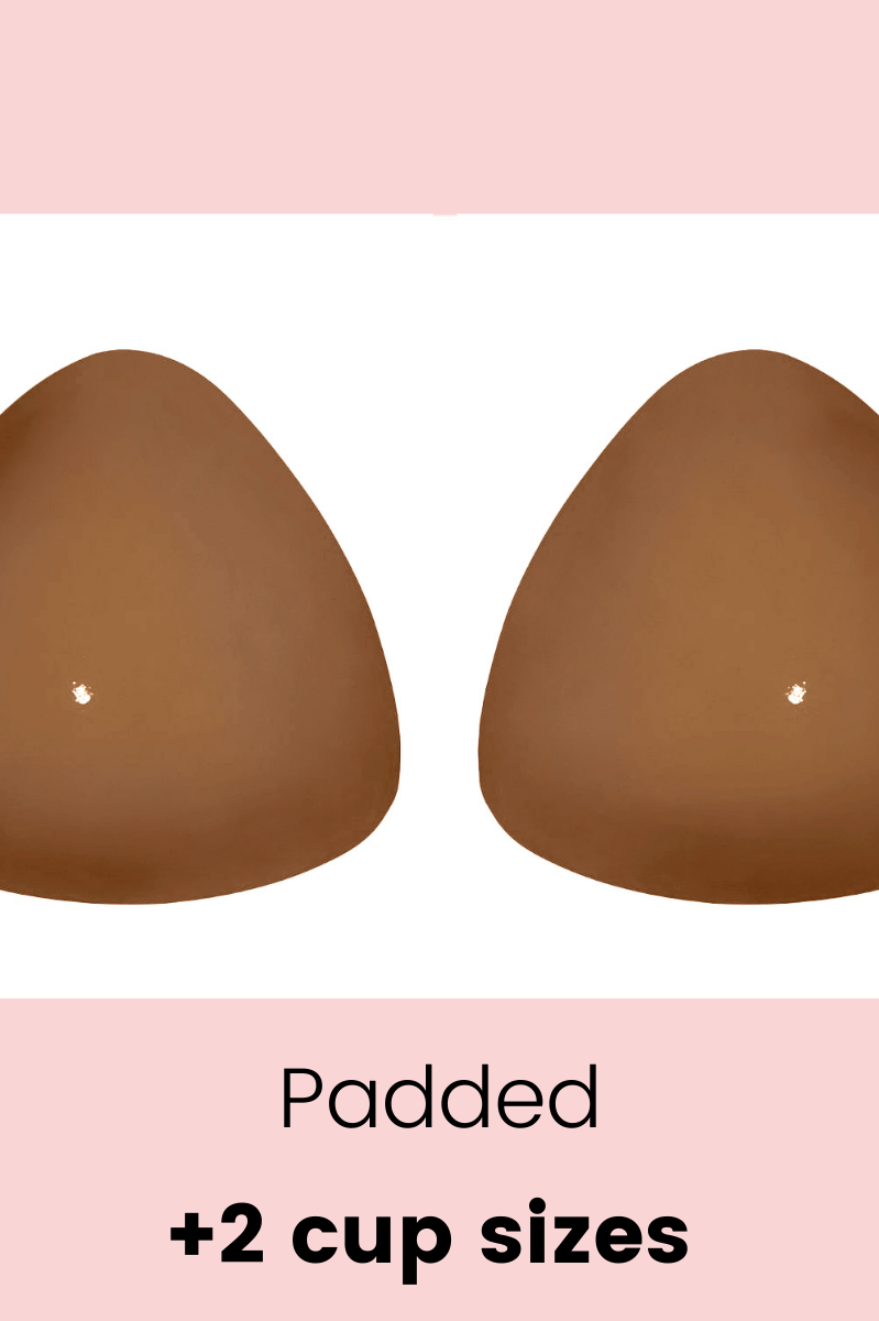 Pair of brown padded bra cups on a white background with pink accents.