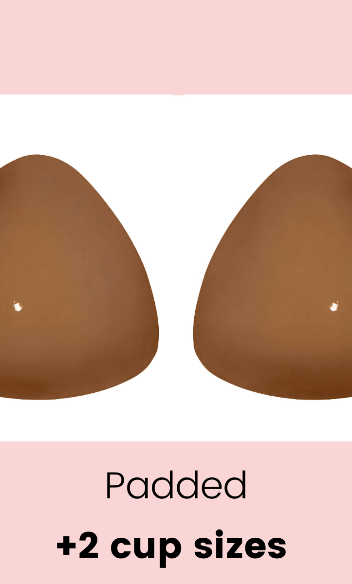 Pair of brown padded bra cups on a white background with pink accents.