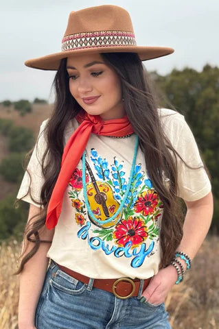 Colorful graphic tee with bluebonnet flowers and a guitar on it short sleeve off white tee crew neck