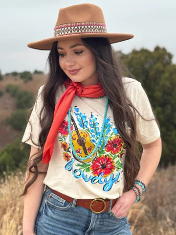 Colorful graphic tee with bluebonnet flowers and a guitar on it short sleeve off white tee crew neck