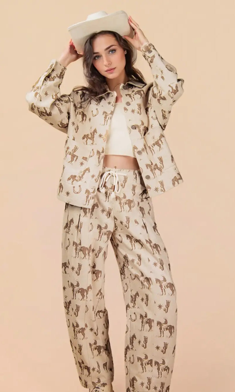 Woman wearing a beige outfit with horse print on a beige background