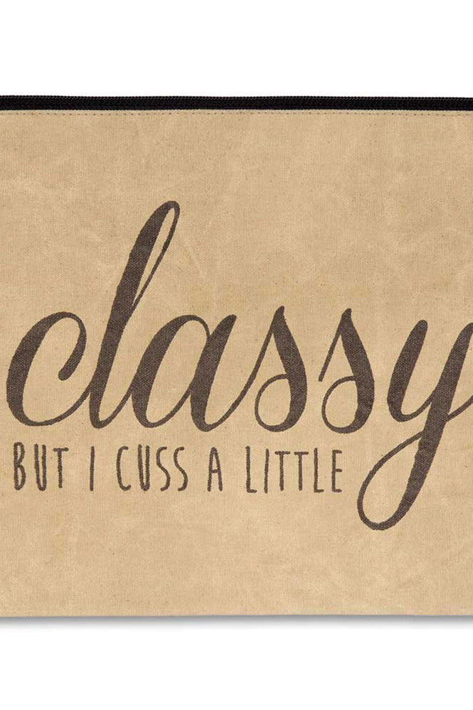 Beige pouch with 'classy but I cuss a little' text on a white background