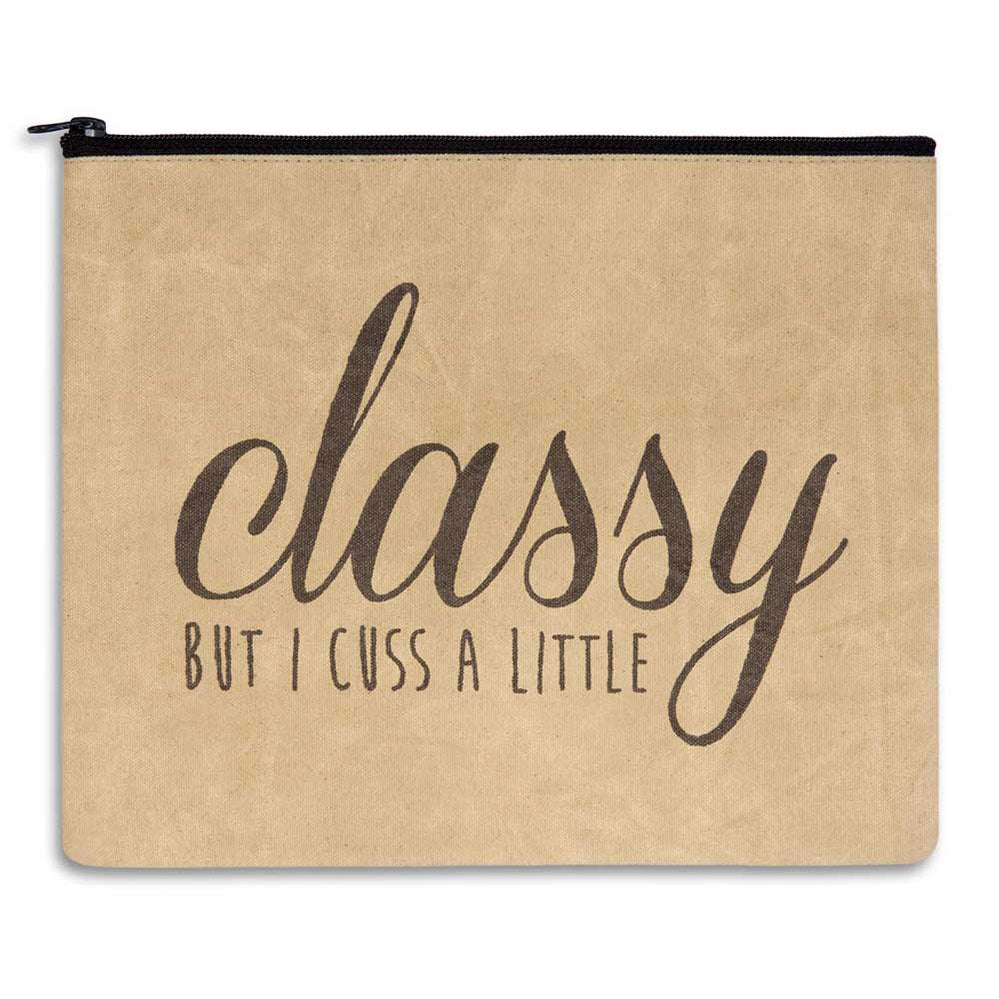 Beige pouch with 'classy but I cuss a little' text on a white background