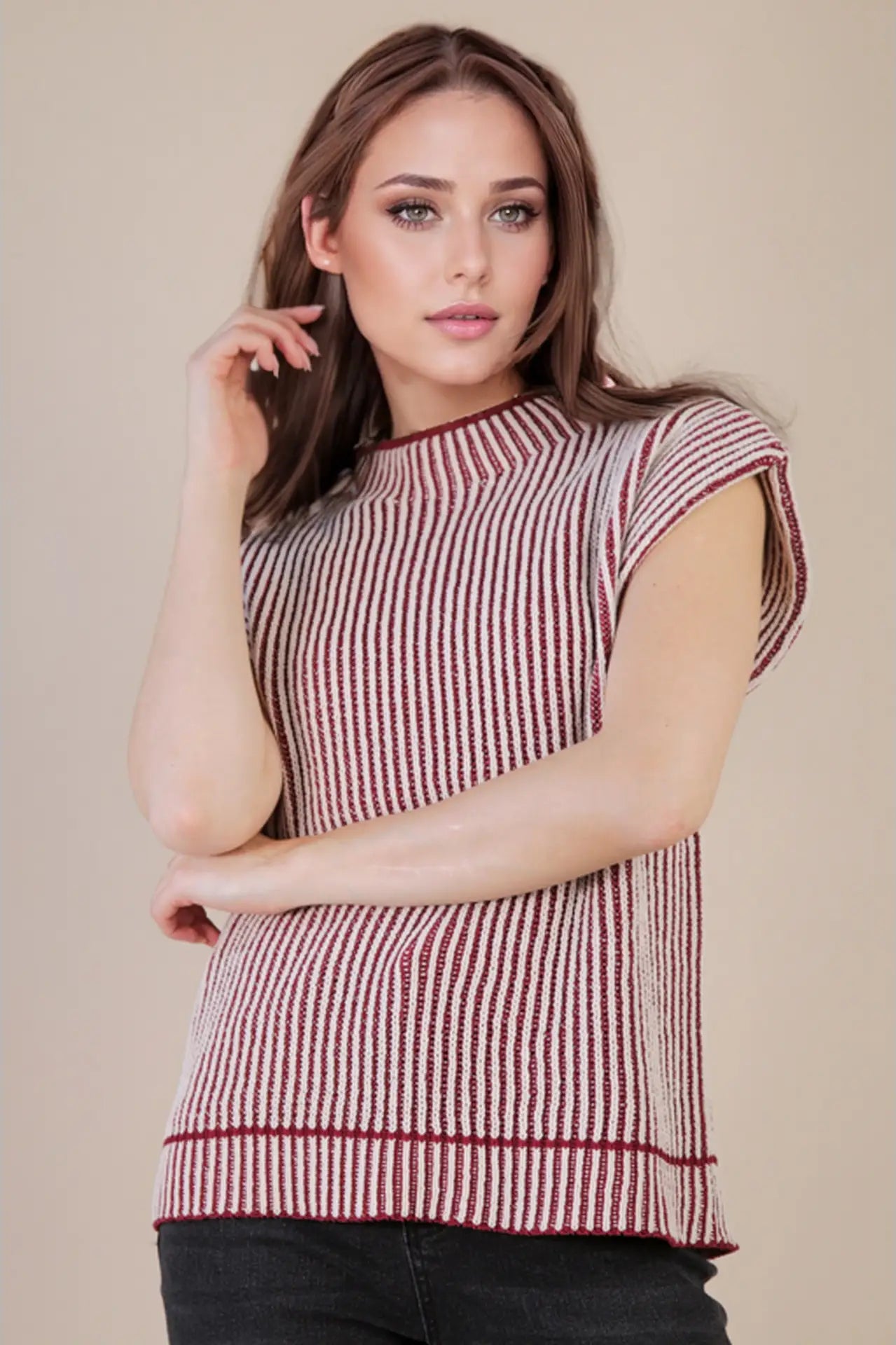 Sonoma two-tone ribbed sweater vest in burgundy & cream—front view