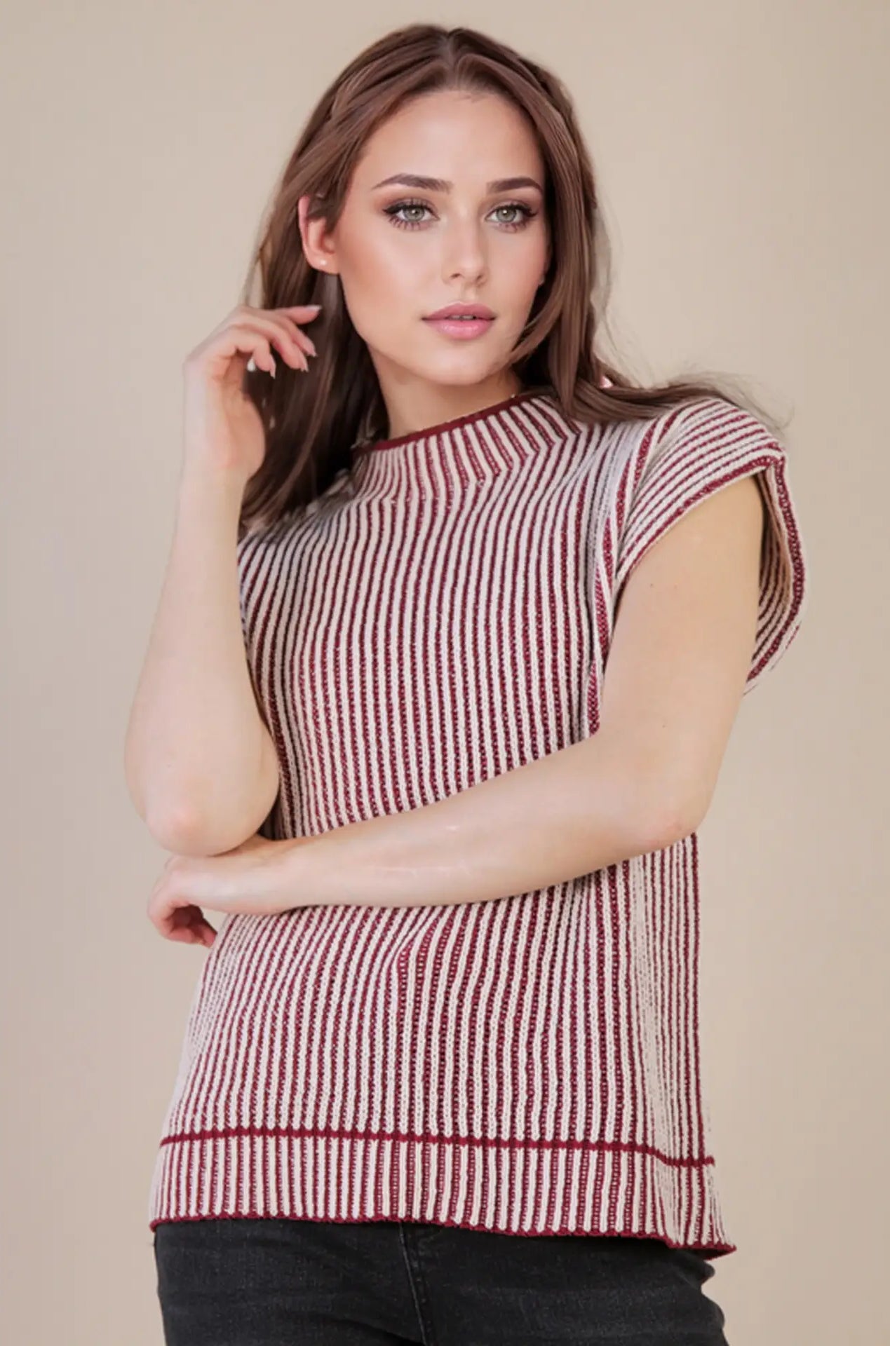 Sonoma two-tone ribbed sweater vest in burgundy & cream—front view