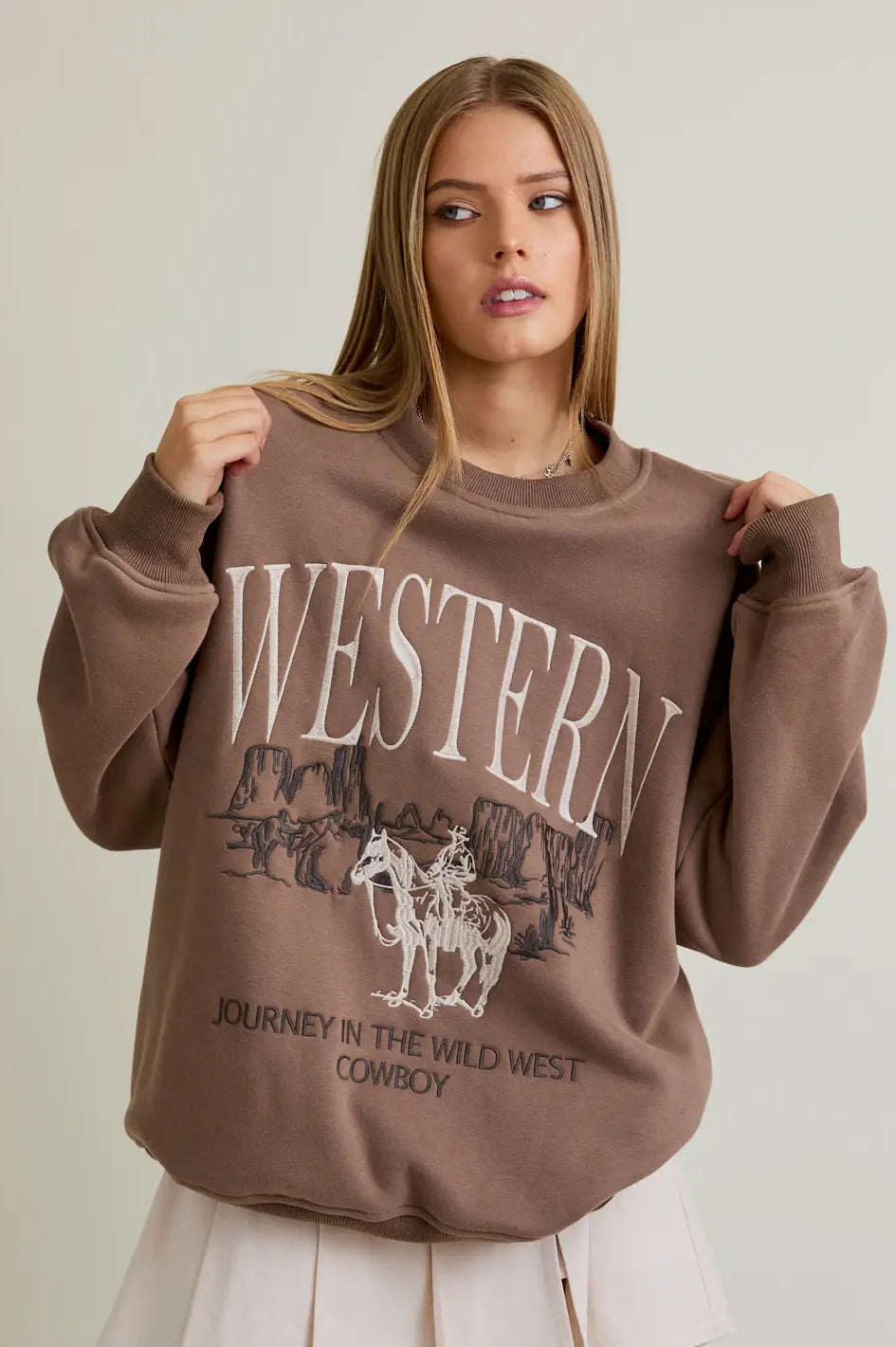 Mesa Trail oversized Western sweatshirt in cocoa brown—cowboy embroidery