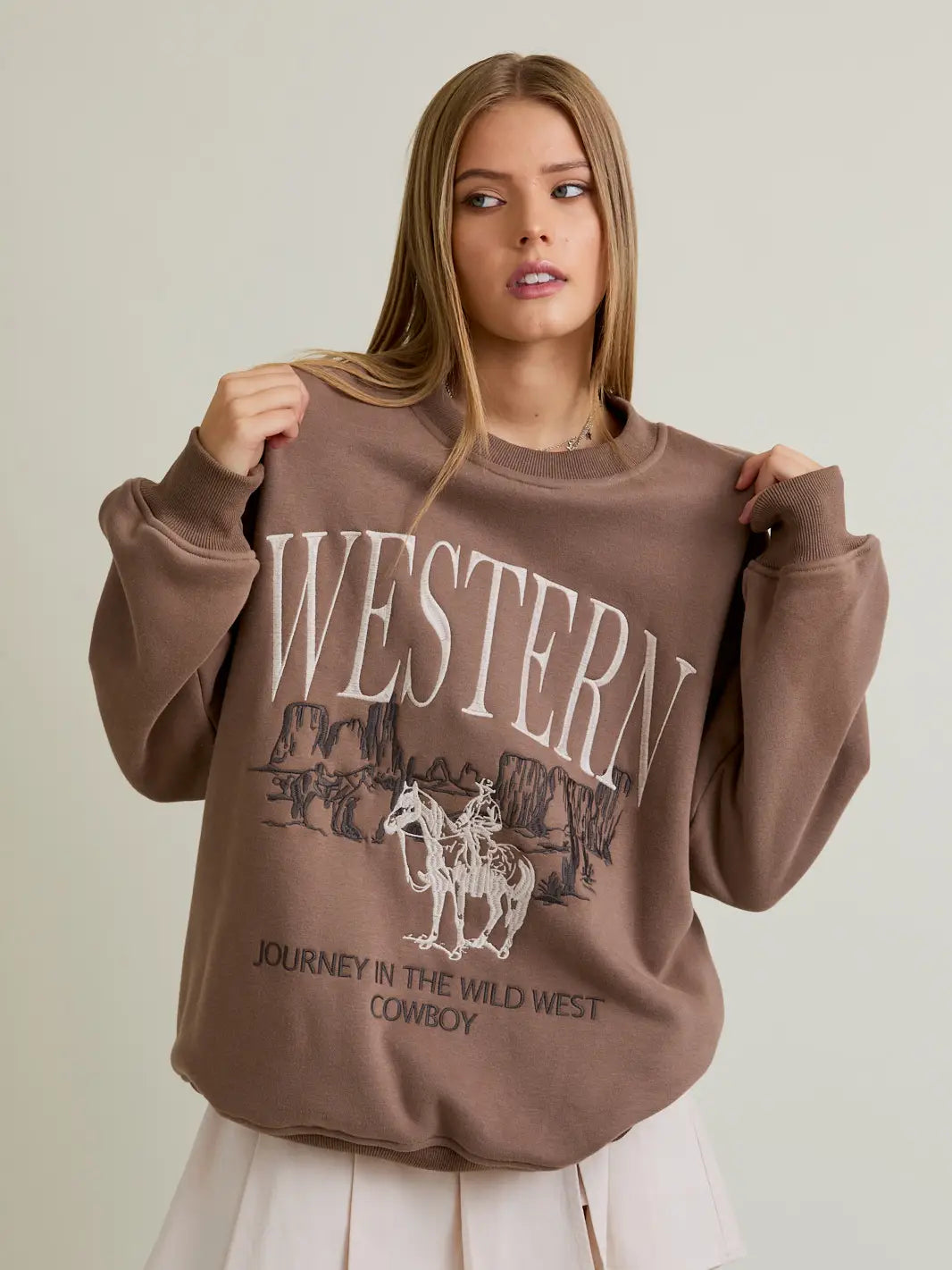 Mesa Trail oversized Western sweatshirt in cocoa brown—cowboy embroidery