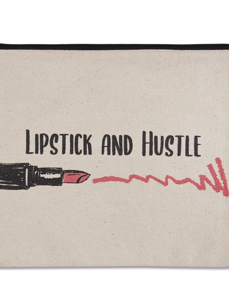 Beige pouch with 'Lipstick and Hustle' text and lipstick illustration on a white background