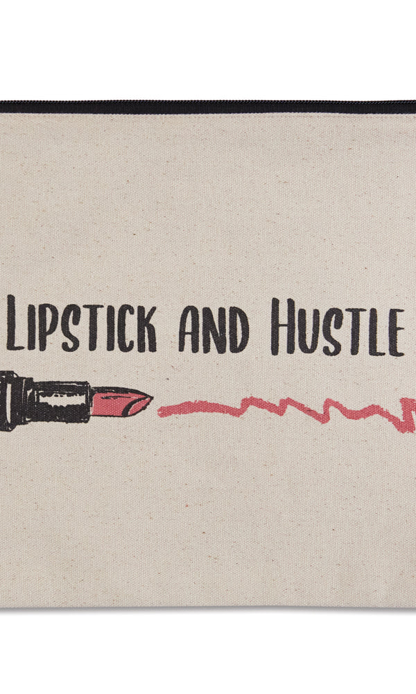 Beige pouch with 'Lipstick and Hustle' text and lipstick illustration on a white background