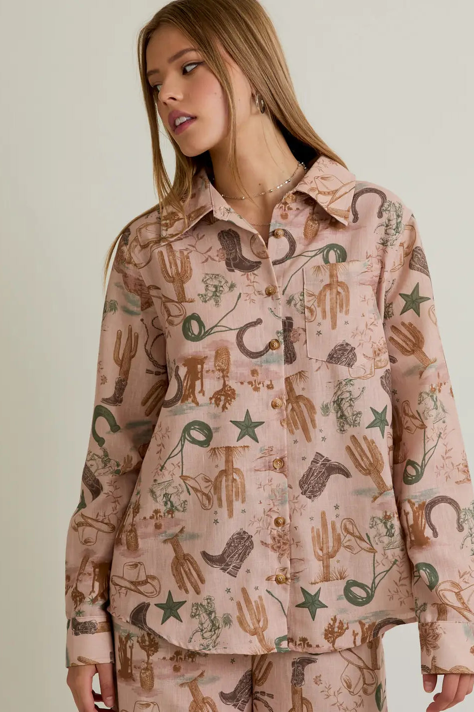 Desert Rose Western-print button-up blouse in blush—front view