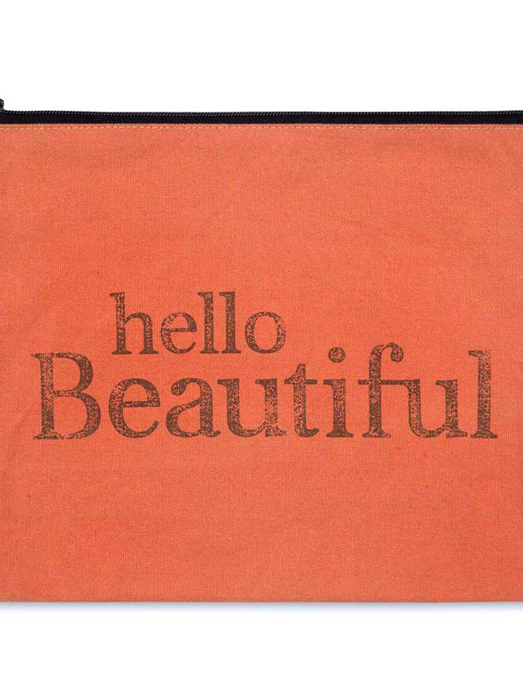 Rust pouch with 'hello Beautiful' text in black on a white background