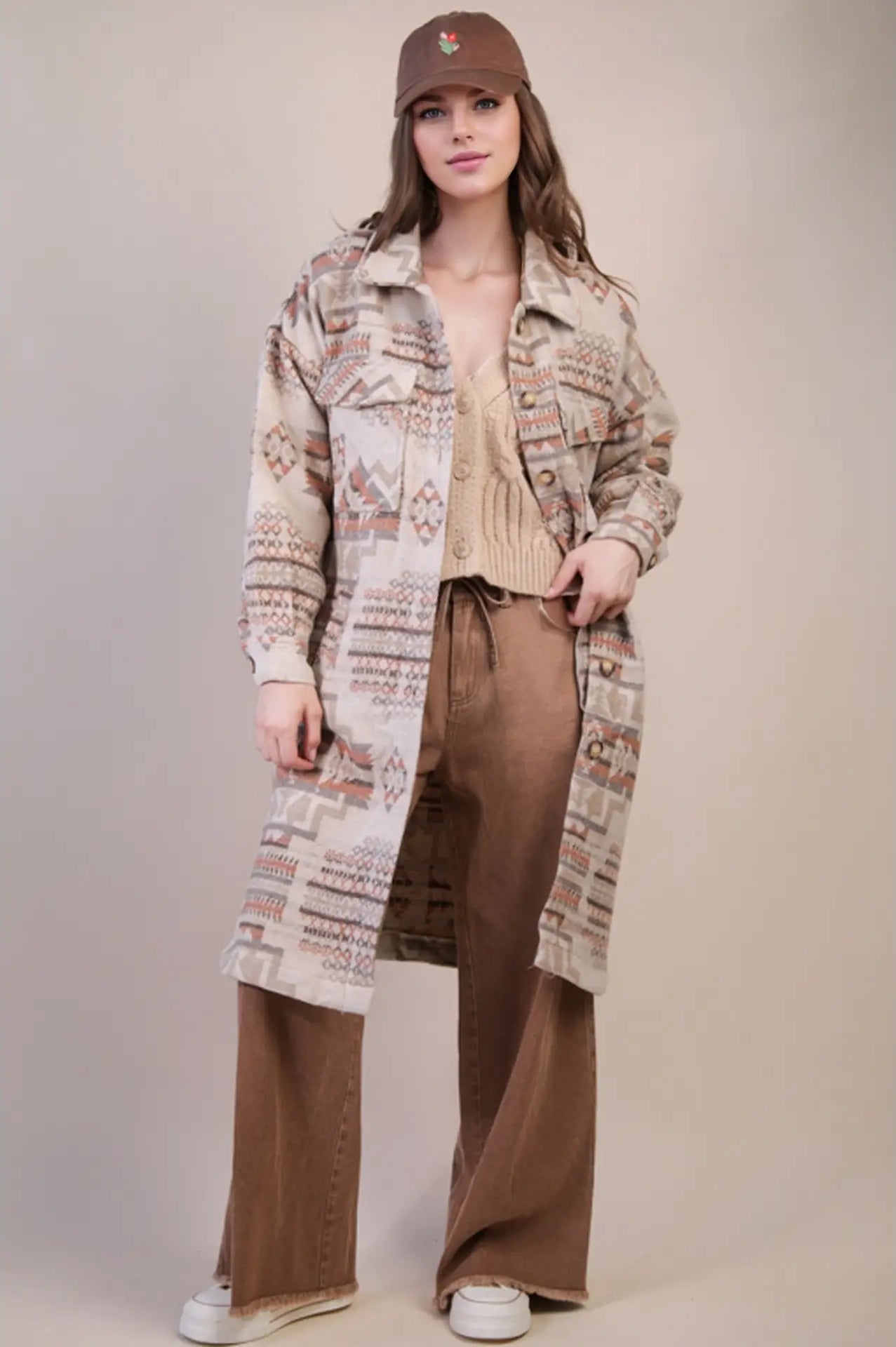 High Desert Aztec long shacket in mocha mix—front view with patch pockets