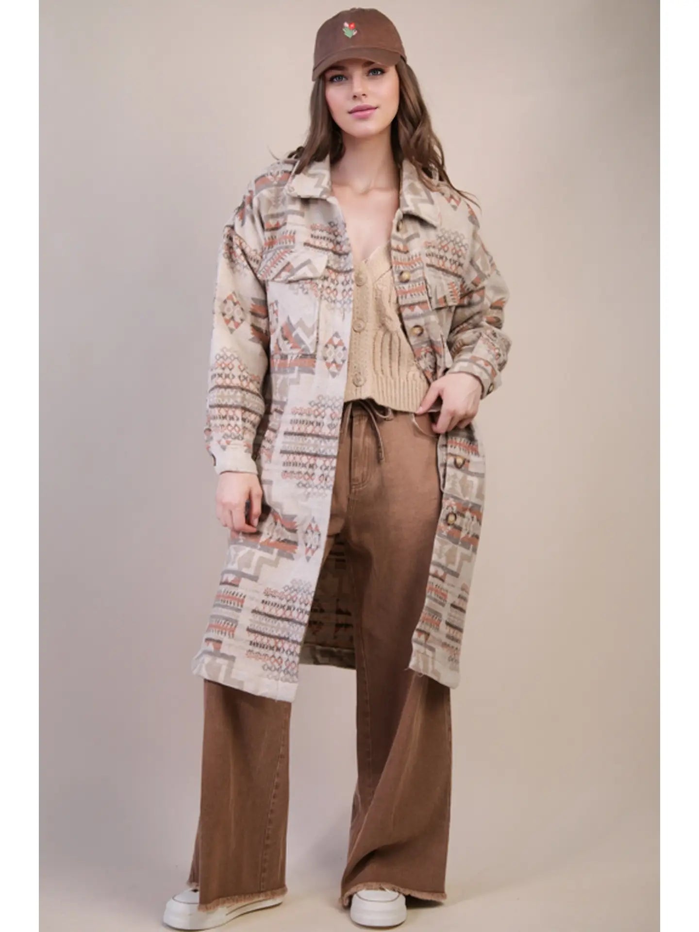 High Desert Aztec long shacket in mocha mix—front view with patch pockets
