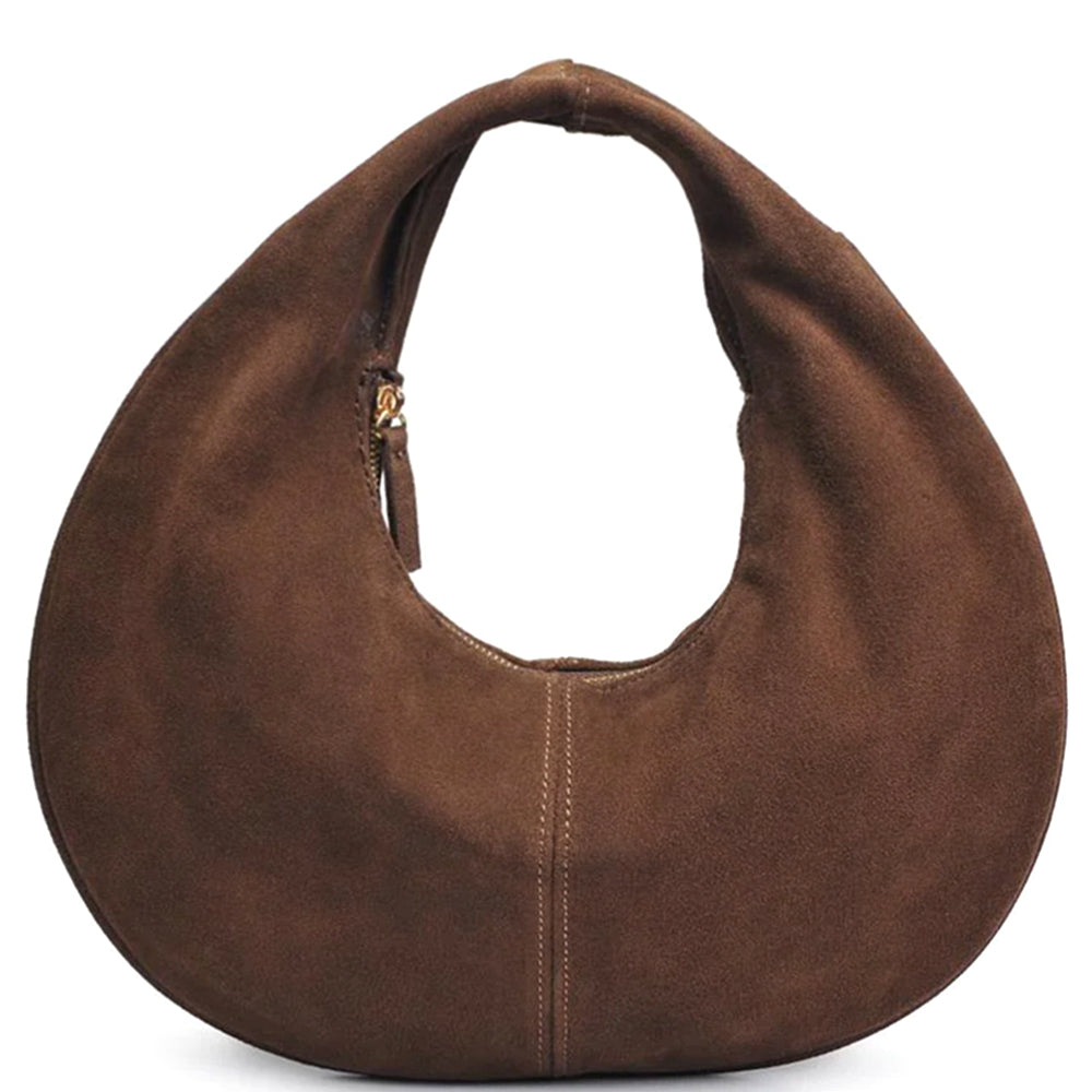 Brown suede kidney handbag on a white background