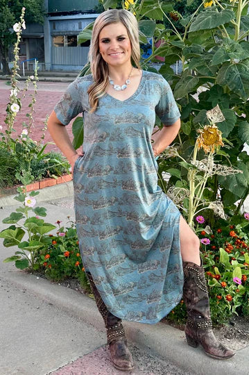 Denim blue t-shirt dress v neck western print all over slits on sides mid shin length
