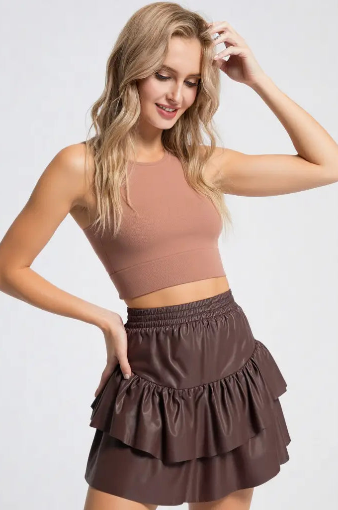 Dakota faux leather ruffle mini skirt—front view, elastic waist