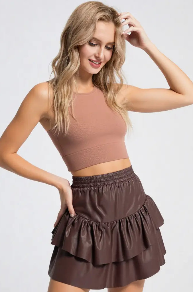 Dakota faux leather ruffle mini skirt—front view, elastic waist