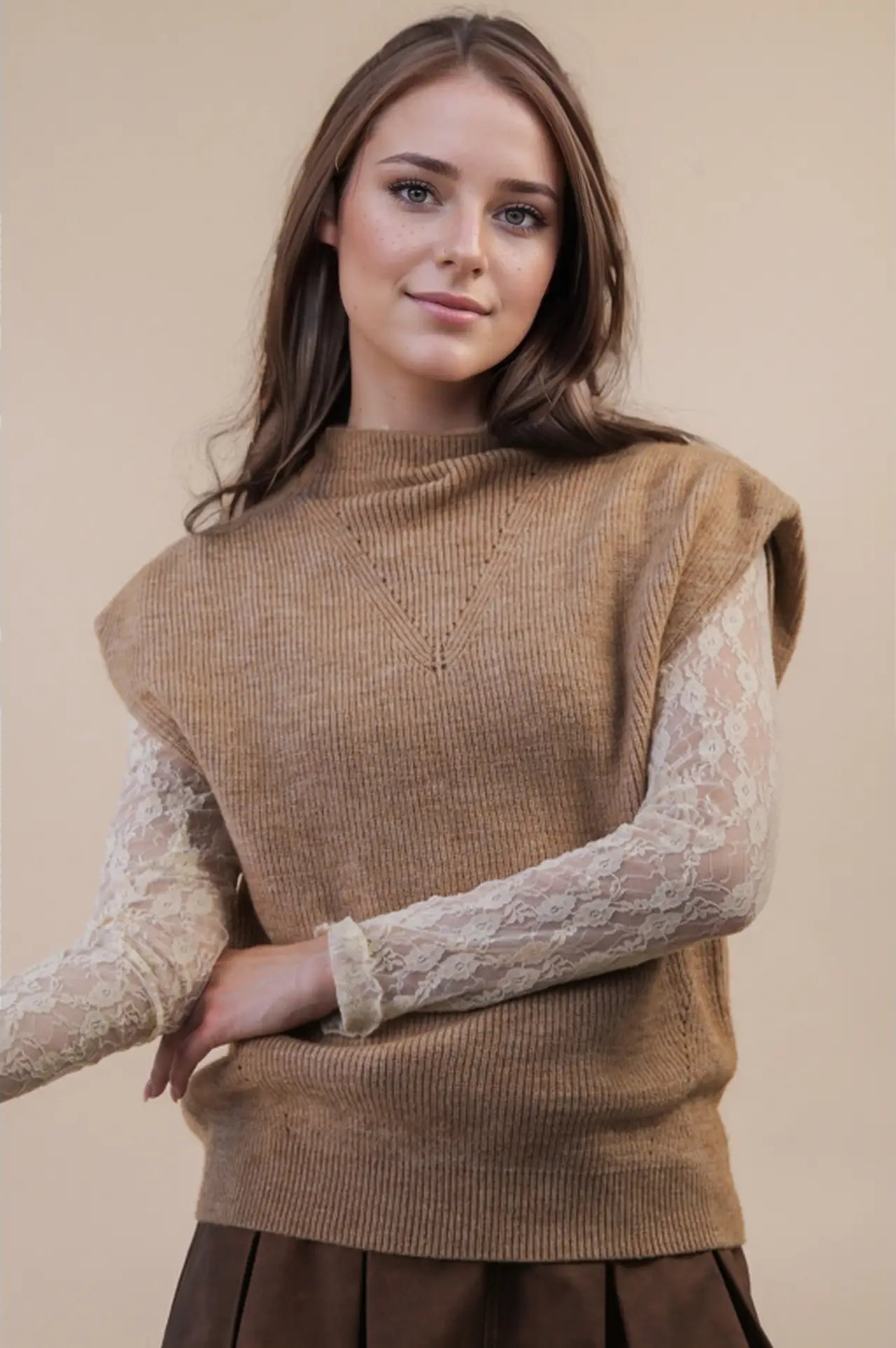 Calistoga mocha mock-neck sweater vest—front view