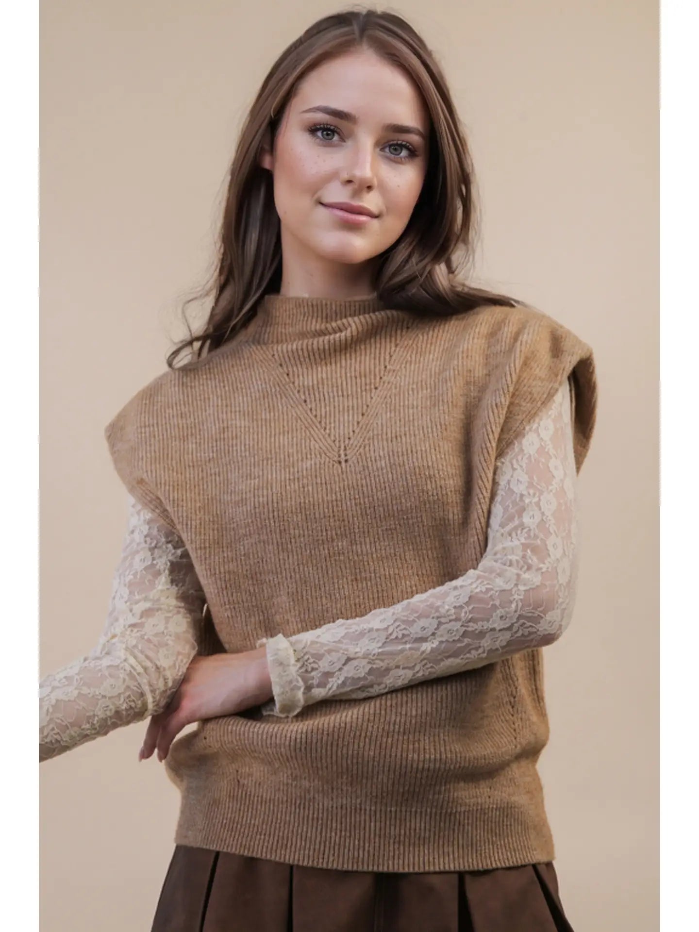 Calistoga mocha mock-neck sweater vest—front view