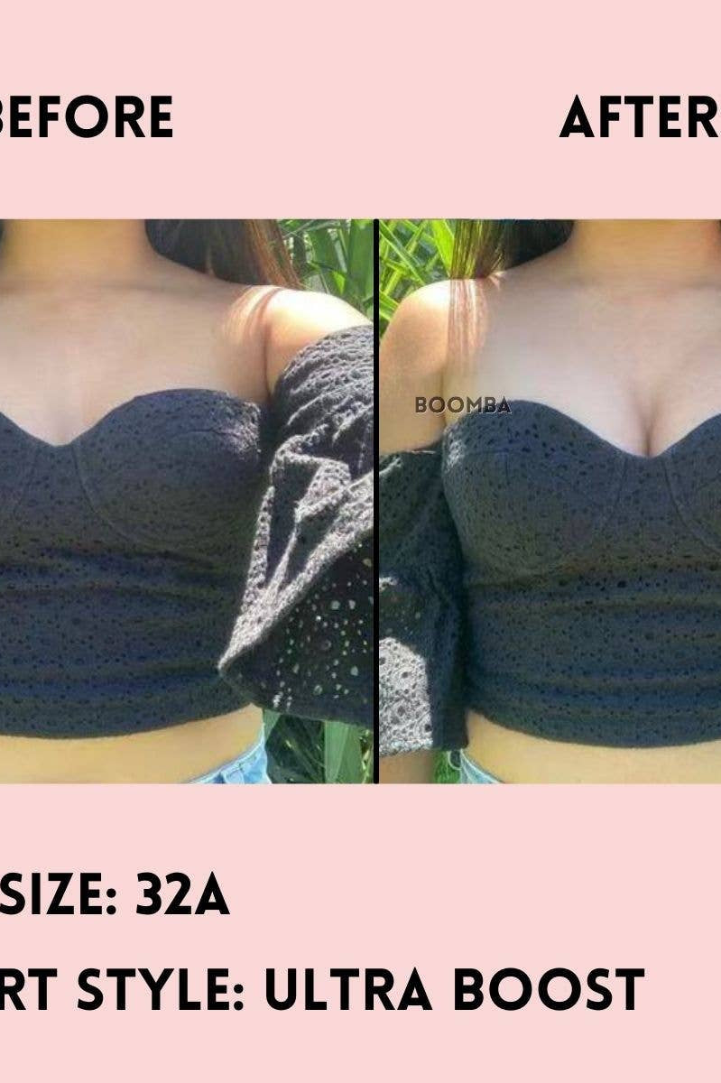 Before and after comparison of a bra size 32A with Ultra Boost insert style.