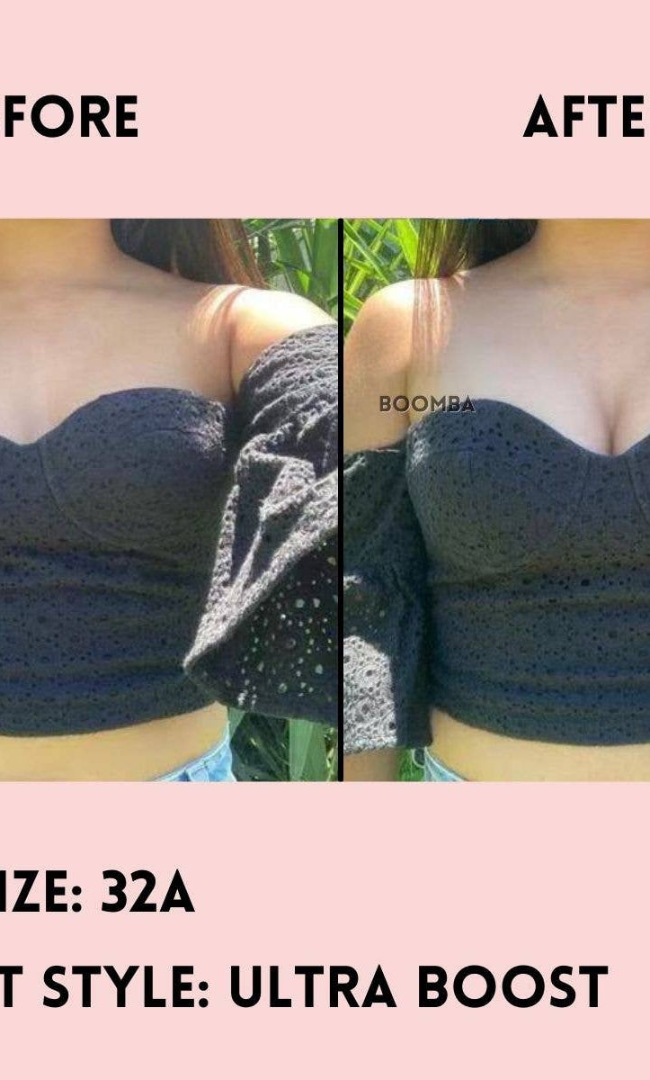 Before and after comparison of a bra size 32A with Ultra Boost insert style.