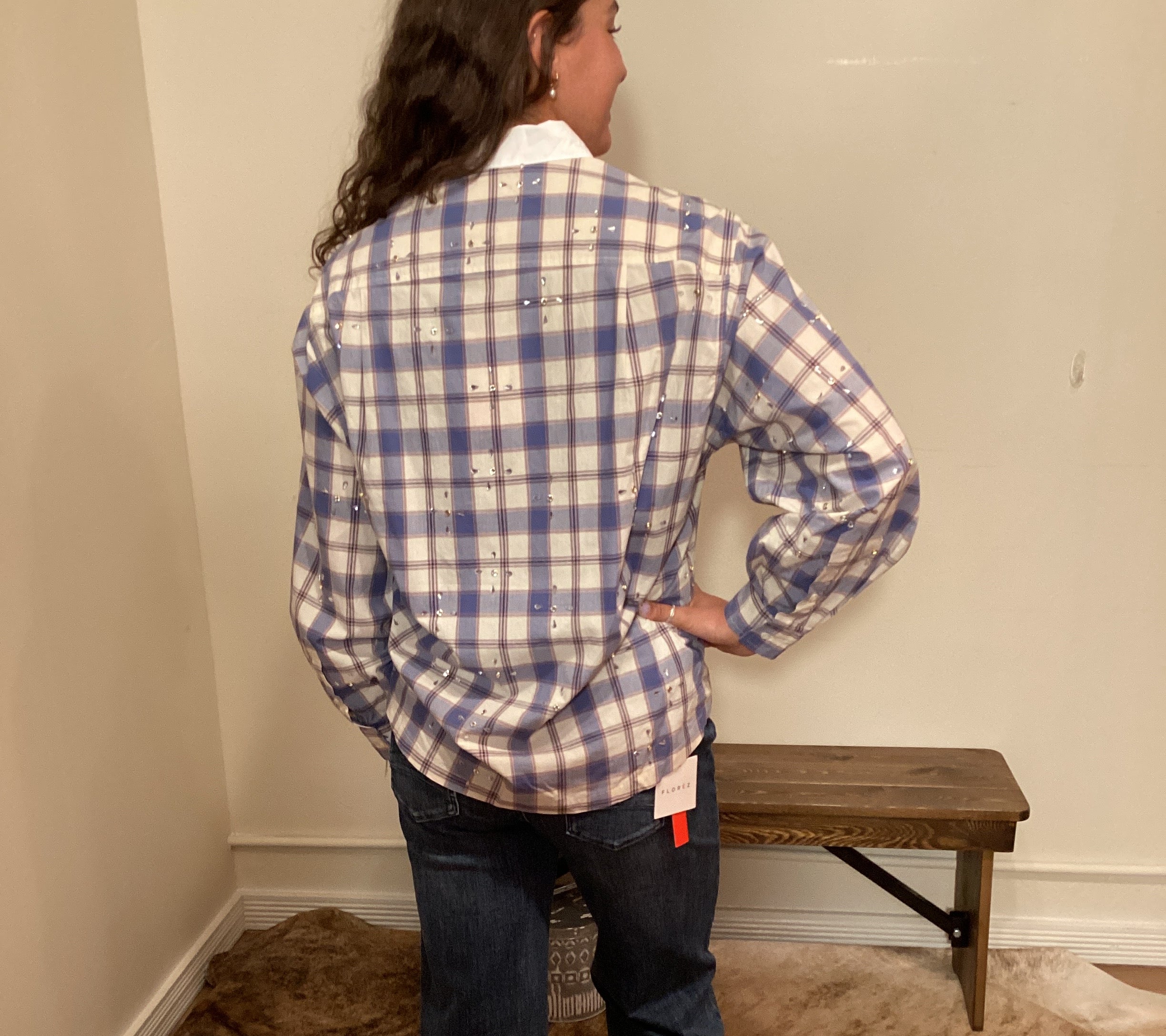 Blue and white plaid button up shirt with a white color and crystals on it