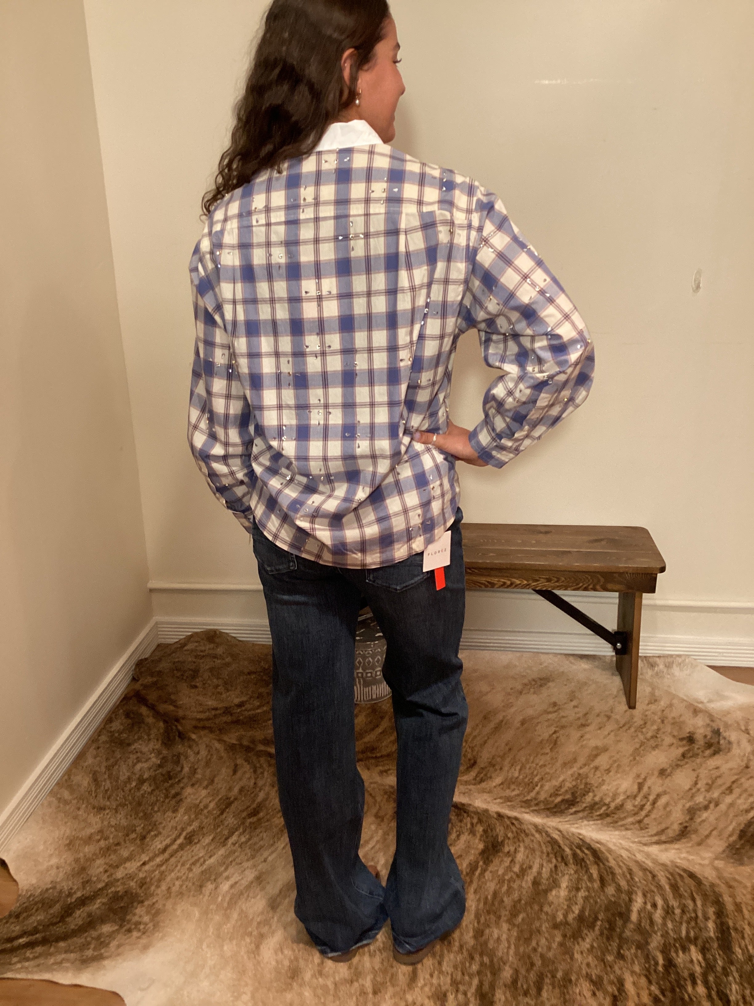 Blue and white plaid button up shirt with a white color and crystals on it