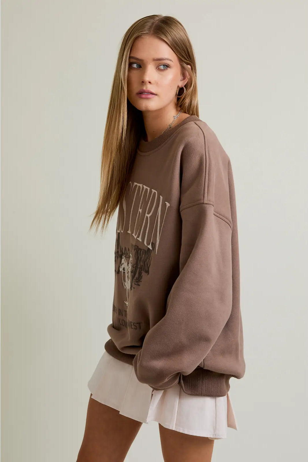 Mesa Trail oversized Western sweatshirt in cocoa brown—cowboy embroidery