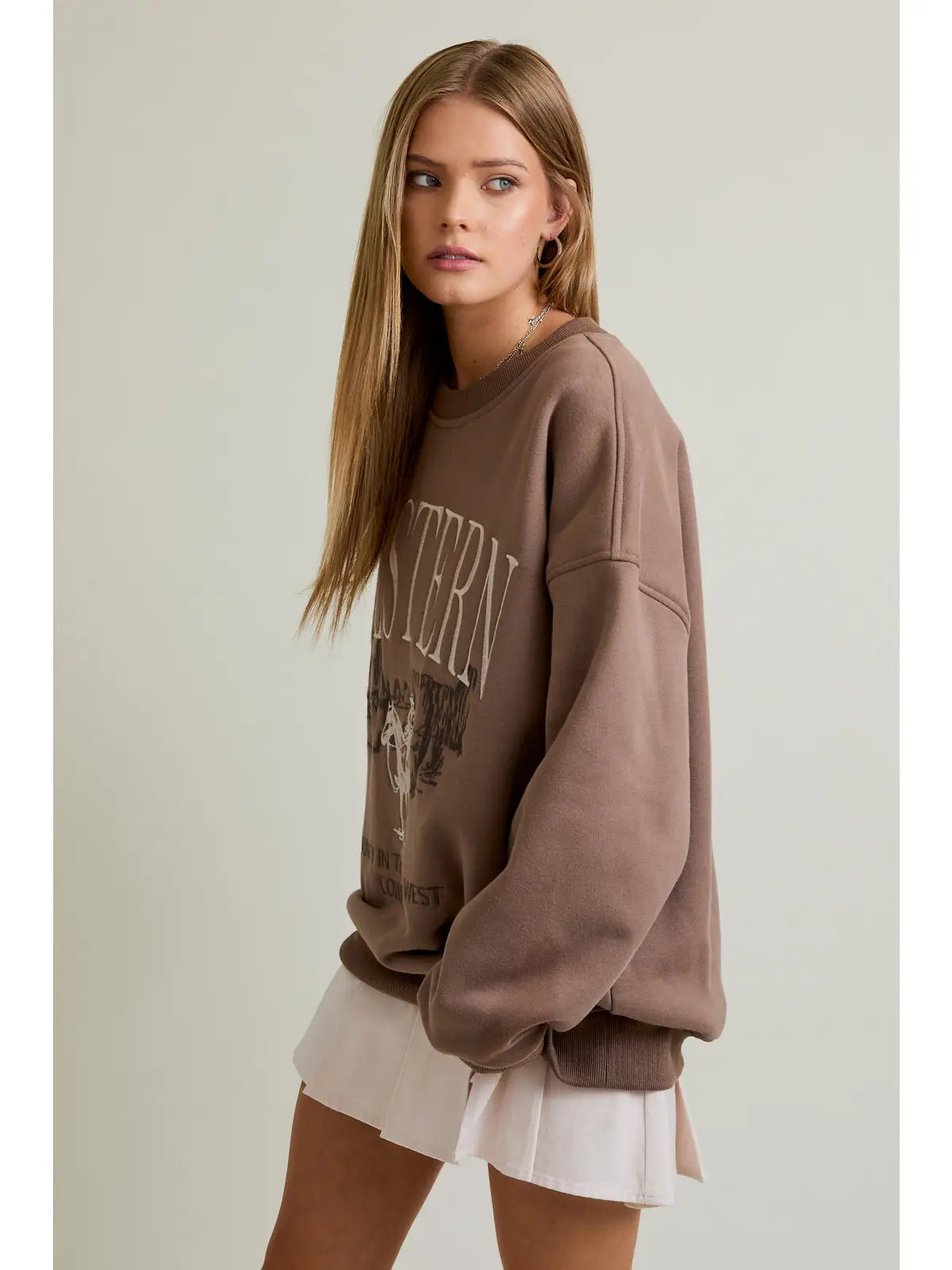 Mesa Trail oversized Western sweatshirt in cocoa brown—cowboy embroidery