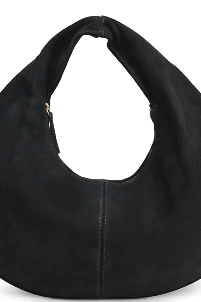 Black leather kidney handbag on a white background