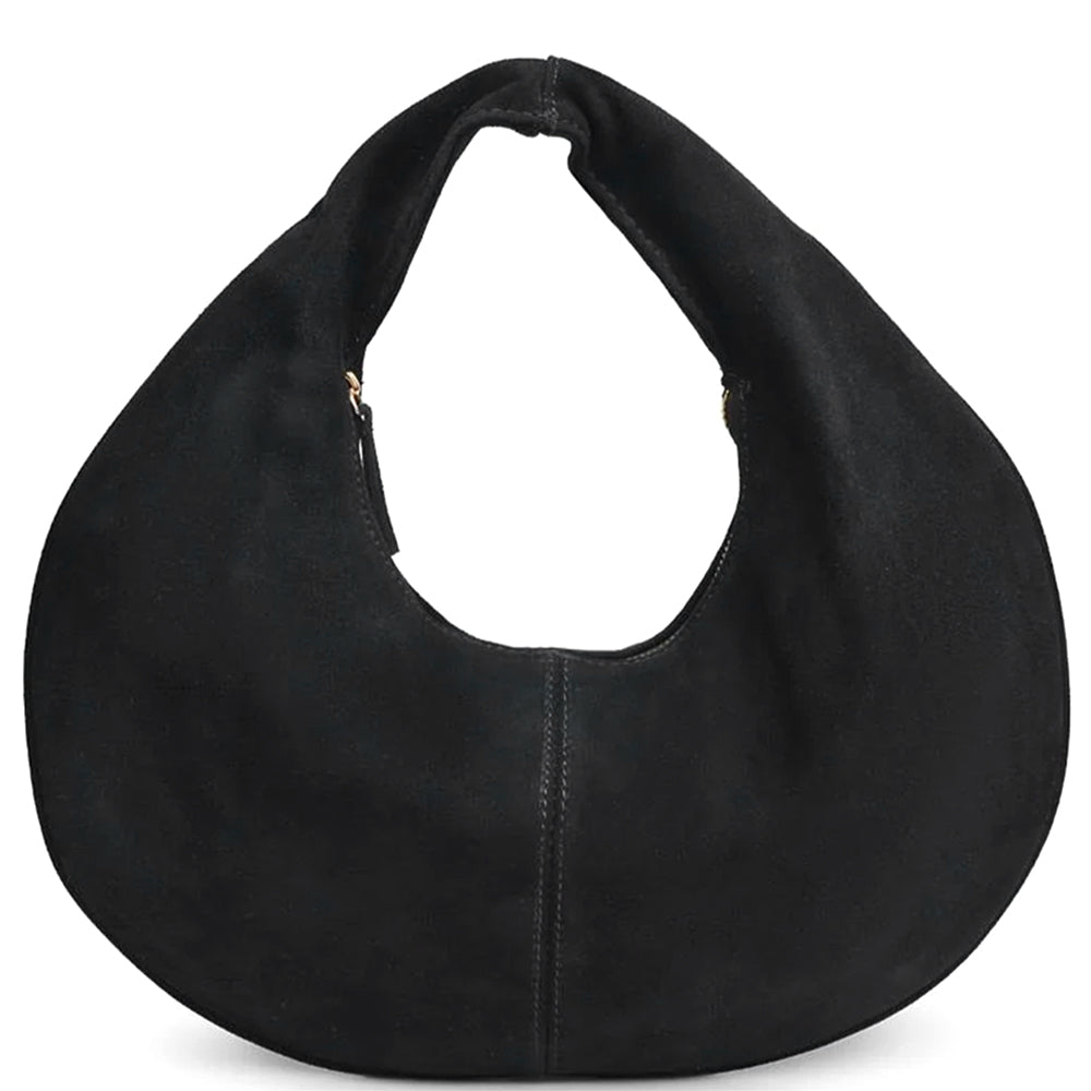 Black leather kidney handbag on a white background