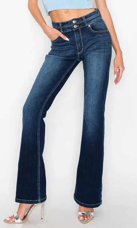 Aria Tummy Control High Rise Bootcut Jeans double button at waist band