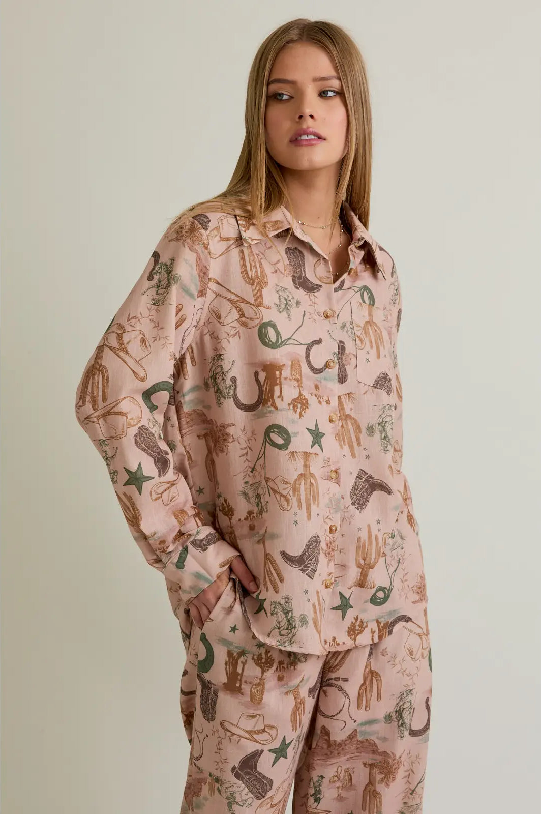 Desert Rose Western-print button-up blouse in blush