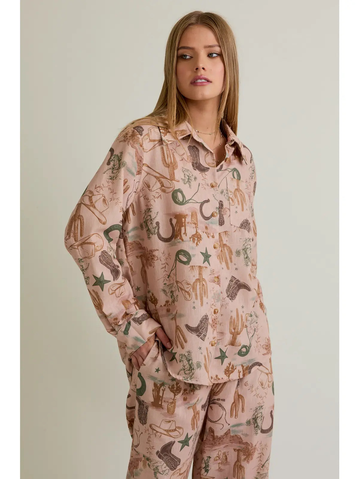 Desert Rose Western-print button-up blouse in blush