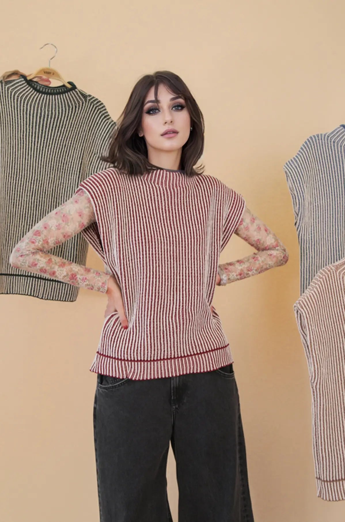 Sonoma two-tone ribbed sweater vest in burgundy & cream—front view