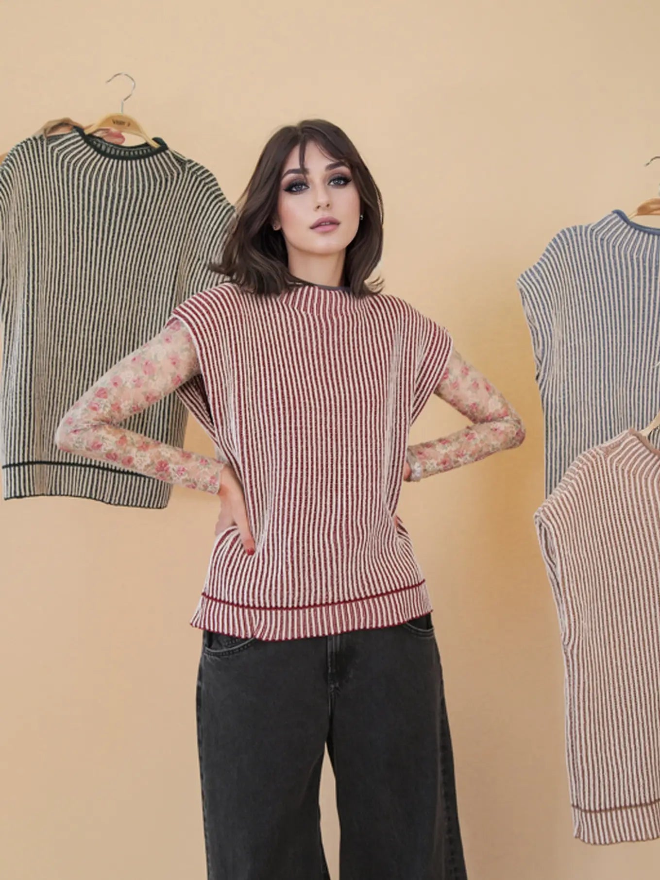 Sonoma two-tone ribbed sweater vest in burgundy & cream—front view