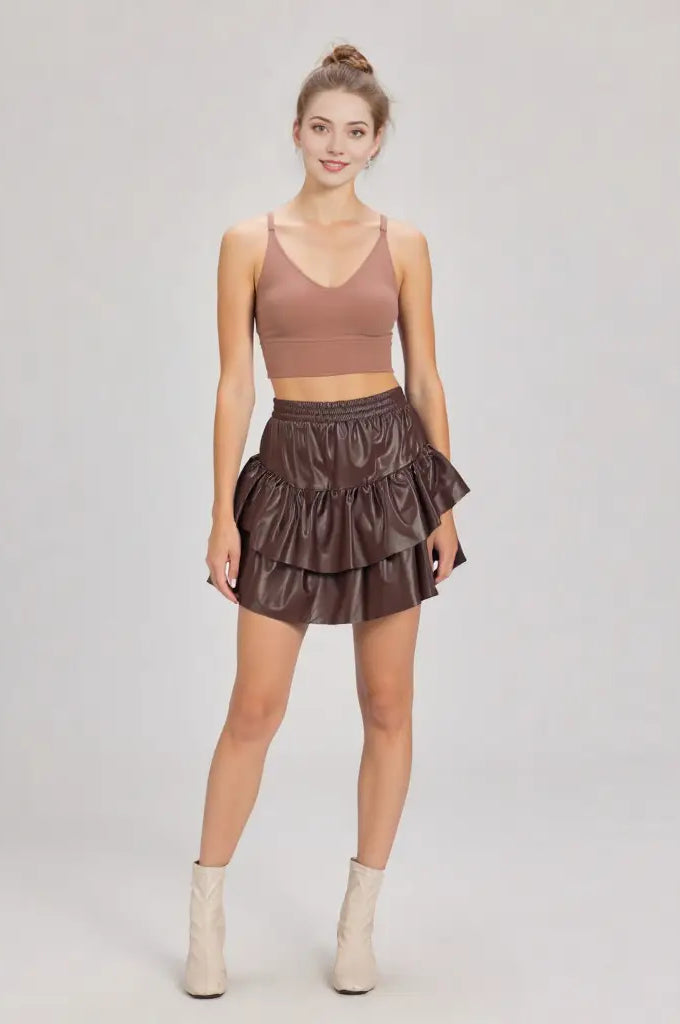 Dakota faux leather ruffle mini skirt—front view, elastic waist