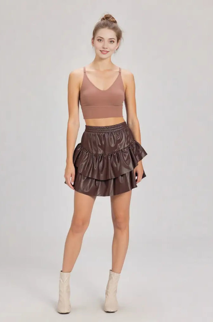 Dakota faux leather ruffle mini skirt—front view, elastic waist
