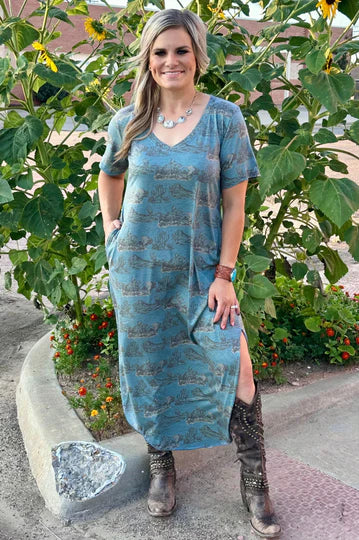 Denim blue t-shirt dress v neck western print all over slits on sides mid shin length