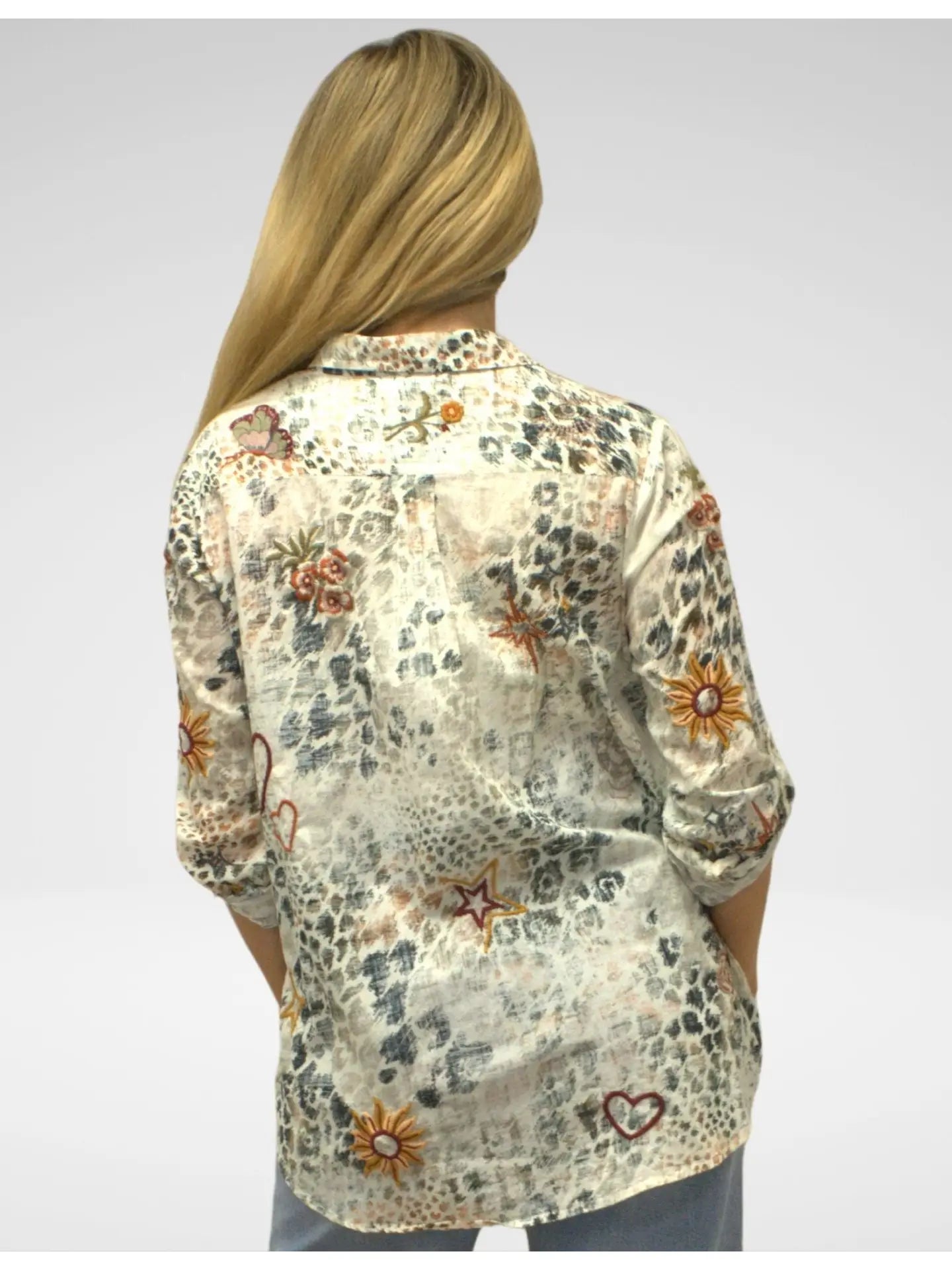 Floral patterned shirt worn by a person on a plain background
