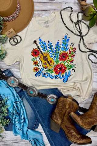 Colorful graphic tee with bluebonnet flowers and a guitar on it short sleeve off white tee crew neck