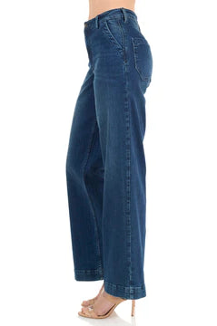 side viewMorrison Denim – The Confidante “Love Her Madly” Mid-Rise Wide-Leg Jean | Dark Wash, Utility Back Pockets, Stretch