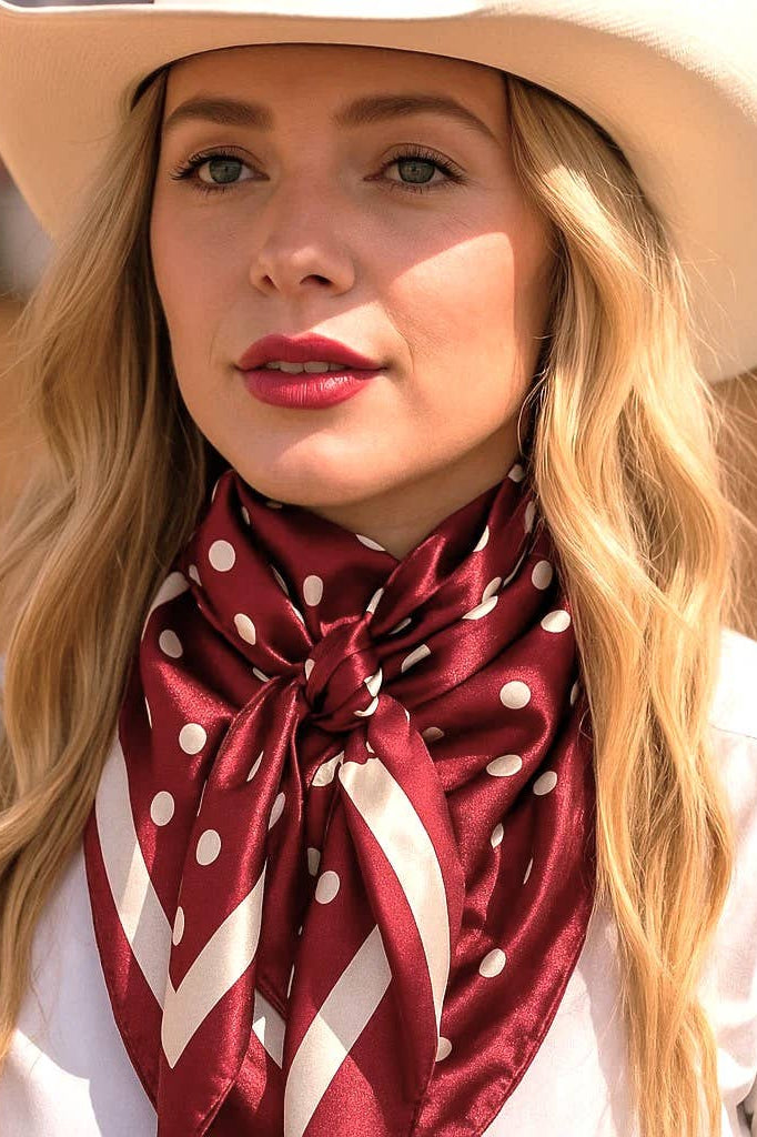Woman wearing a beige cowboy hat and red polka dot scarf in an outdoor setting