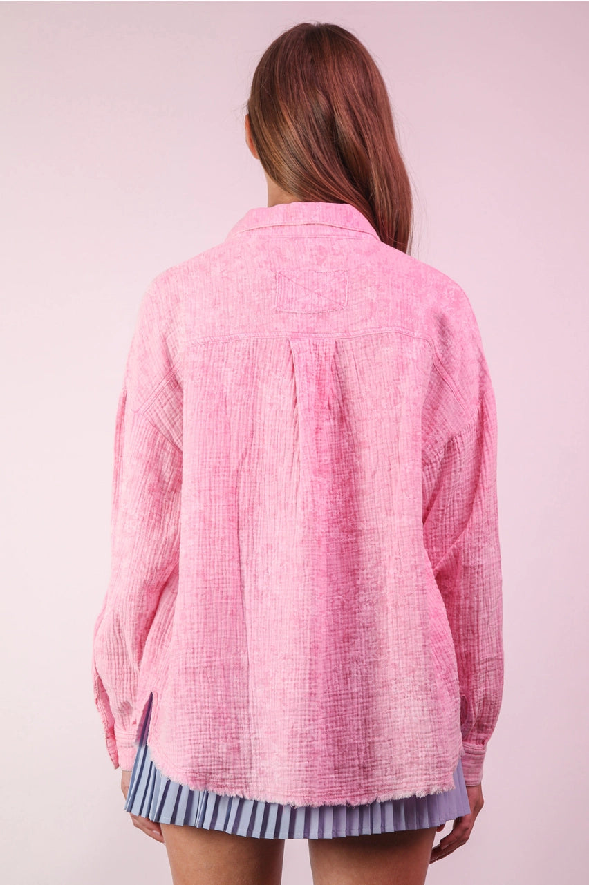 Back view oversized pink gauze shirt showing relaxed drape and mineral wash